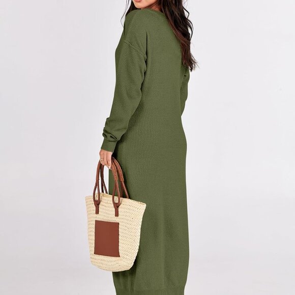 Women Long Sleeve Button V Neck Casual Loose Fit Waffle Knit Dress Green - Picture 5 of 8